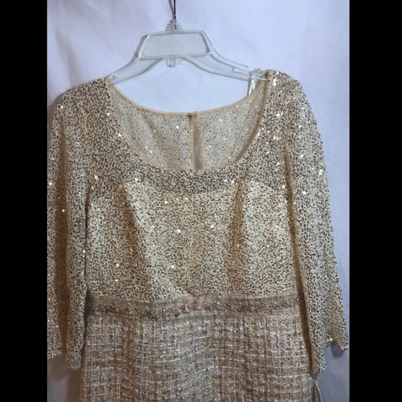 NWT Kay Unger Embellished Lace‎ & Tweed Dress Champagne/Gold [SZ 12 ] - Picture 3 of 13